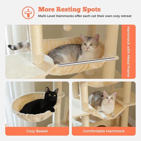 شجرة قطط طولها 81 بوصة للقطط الداخلية البالغة البالغة-برج القطط متعدد المستويات مع أرجوحة إطار معدني كبير ، منحدر خدش 2 في 1 ، عثمان أعلى ، شقق مريحة و 6 منشورات خدش-رمادي داكن in Kuwait