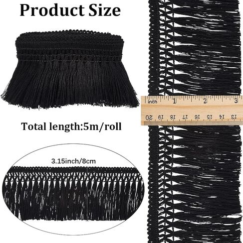 GORGECRAFT 5.5 Yards 3 Inch Cotton Tassel Fringe Trim Black Sewing Lace Trim Ribbons Boho Vintage Long Fringe Trim for Sewing Edging Trimming Curtain Blanket Hanging Rugs Clothing Home Decoration in Saudi Arabia