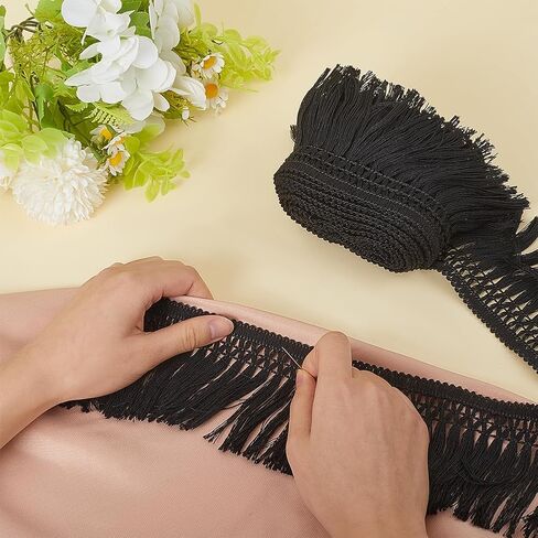 GORGECRAFT 5.5 Yards 3 Inch Cotton Tassel Fringe Trim Black Sewing Lace Trim Ribbons Boho Vintage Long Fringe Trim for Sewing Edging Trimming Curtain Blanket Hanging Rugs Clothing Home Decoration in Saudi Arabia