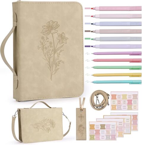19Pcs Leaves Design Bible Cover for Women Pu Leather Church Bag Boho Style Bible Cover for Girl Church Bag With Highlighter Pen 10.47*7.48*2.17in Book Case With Shoulder Strap &Book Christian Gift in Saudi Arabia
