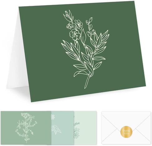 Whaline 40 Pack Green Floral Breating Cards Tradient Botanical Botanical Thank You Card Flower Leaves بطاقات ملاحظات فارغة مع ملصقات الأظرف لعيد ميلاد الزفاف in Kuwait