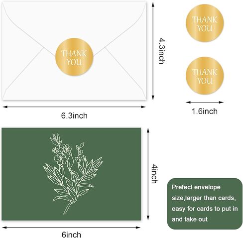 Whaline 40 Pack Green Floral Breating Cards Tradient Botanical Botanical Thank You Card Flower Leaves بطاقات ملاحظات فارغة مع ملصقات الأظرف لعيد ميلاد الزفاف in Kuwait