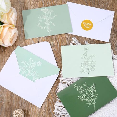 Whaline 40 Pack Green Floral Breating Cards Tradient Botanical Botanical Thank You Card Flower Leaves بطاقات ملاحظات فارغة مع ملصقات الأظرف لعيد ميلاد الزفاف in Kuwait