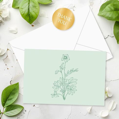 Whaline 40 Pack Green Floral Breating Cards Tradient Botanical Botanical Thank You Card Flower Leaves بطاقات ملاحظات فارغة مع ملصقات الأظرف لعيد ميلاد الزفاف in Kuwait
