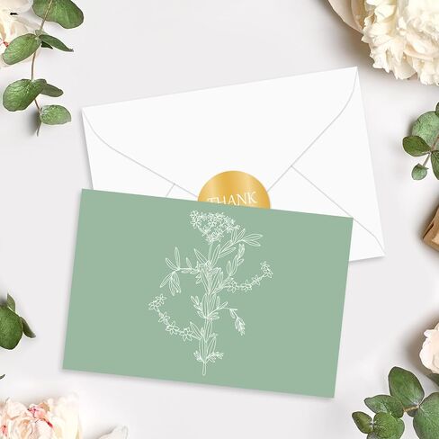 Whaline 40 Pack Green Floral Breating Cards Tradient Botanical Botanical Thank You Card Flower Leaves بطاقات ملاحظات فارغة مع ملصقات الأظرف لعيد ميلاد الزفاف in Kuwait