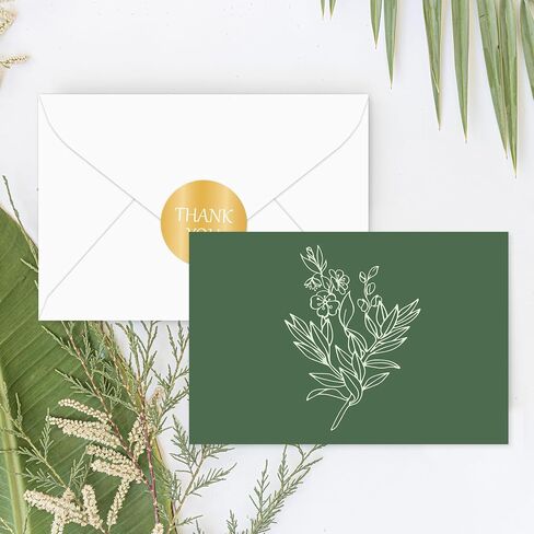 Whaline 40 Pack Green Floral Breating Cards Tradient Botanical Botanical Thank You Card Flower Leaves بطاقات ملاحظات فارغة مع ملصقات الأظرف لعيد ميلاد الزفاف in Kuwait