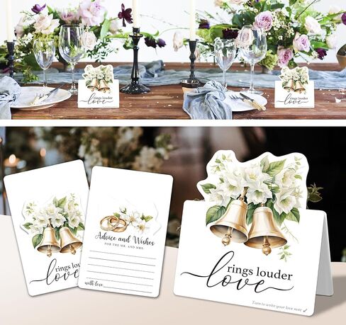 50pcs 3d Christmas Wedding Table Corper - نصيحة ورغبات لـ MR و MRS ، ملاحظات رسالة ضيف فارغة مع موقف ، بطاقات الرغبات الرومانسية لديكور طاولة الزفاف (الأجراس والزهور) in Saudi Arabia