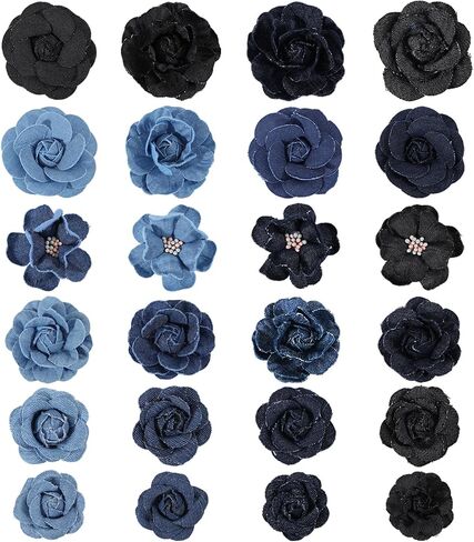 FreeBloss 24pcs الدنيم النسيج شكل زهرة التصحيح مجموعة 1.3 "- 3" زهور الخياطة DIY لركبات الشعر ديكور زهور النسيج للحرف الأزرق ، الأسود in Saudi Arabia