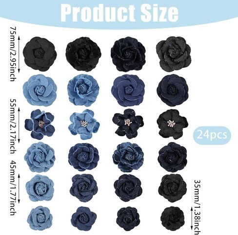 FreeBloss 24pcs الدنيم النسيج شكل زهرة التصحيح مجموعة 1.3 "- 3" زهور الخياطة DIY لركبات الشعر ديكور زهور النسيج للحرف الأزرق ، الأسود in Saudi Arabia