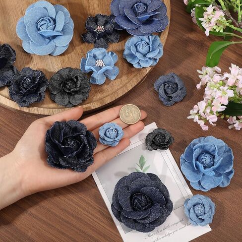 FreeBloss 24pcs الدنيم النسيج شكل زهرة التصحيح مجموعة 1.3 "- 3" زهور الخياطة DIY لركبات الشعر ديكور زهور النسيج للحرف الأزرق ، الأسود in Saudi Arabia