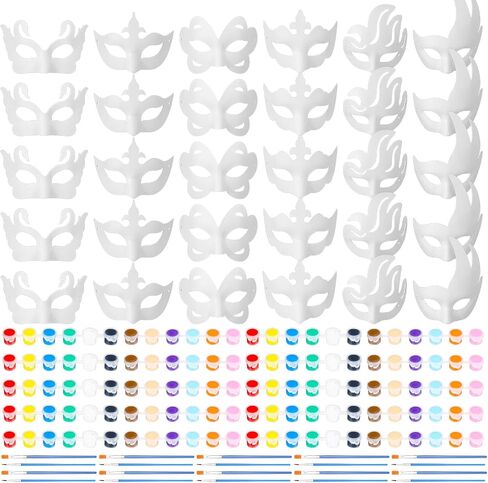 Hydren 50 PCS Halween Half Face Mask Kits 30 White Paper Mache Macks 10 Strip Paints Strips 10 Painting Frashes for Mardi Gras Cosplay Crafts Diy Party Supplies ، 6 Styles in Saudi Arabia