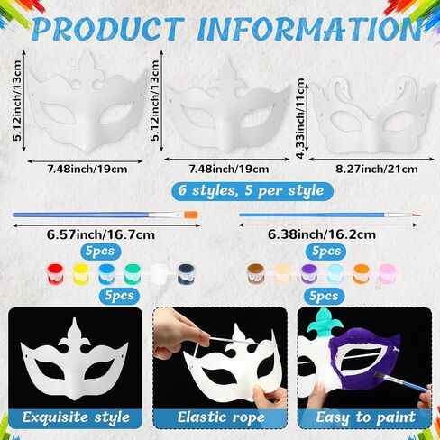 Hydren 50 PCS Halween Half Face Mask Kits 30 White Paper Mache Macks 10 Strip Paints Strips 10 Painting Frashes for Mardi Gras Cosplay Crafts Diy Party Supplies ، 6 Styles in Saudi Arabia