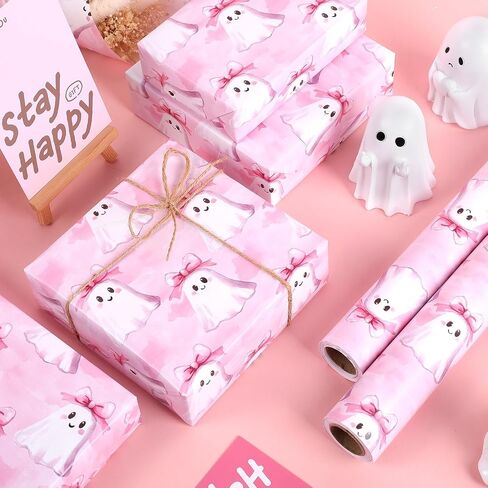 ywdbzjhs الوردي شبح بوو الورق الورق لفة - لفة صغيرة - 17 في × 33 قدم - لطيف girly هالوين هدية الالتفاف الورق لالتقاط عيد ميلاد هالوين خدعة أو علاج لحفلات الحفلات in Saudi Arabia