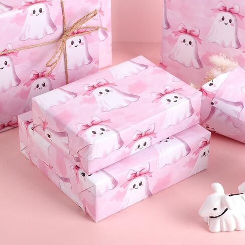 ywdbzjhs الوردي شبح بوو الورق الورق لفة - لفة صغيرة - 17 في × 33 قدم - لطيف girly هالوين هدية الالتفاف الورق لالتقاط عيد ميلاد هالوين خدعة أو علاج لحفلات الحفلات in Saudi Arabia