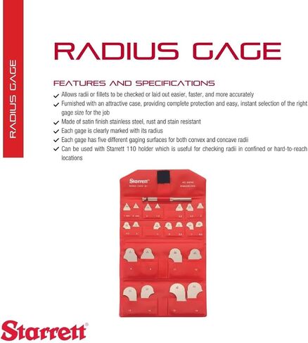 تشتمل مجموعة Starrett Radius Gage على 167AH وS167B مع 110 حامل لكل من نصف القطر المحدب والمقعر - الفولاذ المقاوم للصدأ، 25 مقياسًا، 1/64-17/64 بوصة؛ مقياس نصف قطر 9/32-1/2 بوصة - S167CHZ in Saudi Arabia