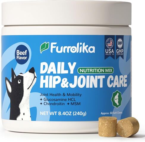 Furrolika Hip وملحق المفصل للكلاب - المصنوع في الولايات المتحدة الأمريكية - الجلوكوزامين ، الشونونوتن ، MSM ، فيتامين C - دعم مشترك للمضغ للتنقل والراحة - نكهة لحم البقر - 60 مضغ ناعم in Kuwait