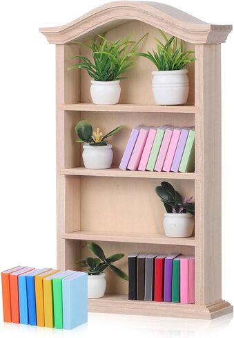 Toyvian Miniature Dollhouse Bookhelf Decor: 1 12 Scale Tiny Bookshelf With Mini Books and Miniatures Plant Fortines - Wooden Book Case Doll House Furniture Accessories in Kuwait
