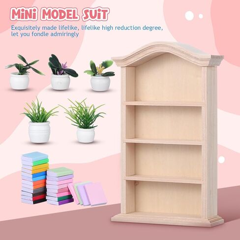 Toyvian Miniature Dollhouse Bookhelf Decor: 1 12 Scale Tiny Bookshelf With Mini Books and Miniatures Plant Fortines - Wooden Book Case Doll House Furniture Accessories in Kuwait