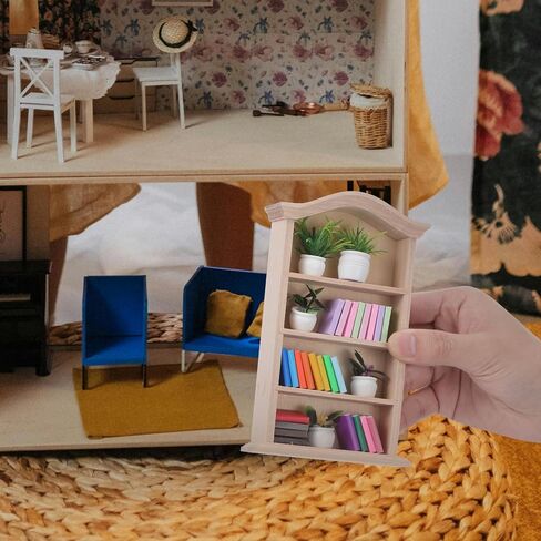 Toyvian Miniature Dollhouse Bookhelf Decor: 1 12 Scale Tiny Bookshelf With Mini Books and Miniatures Plant Fortines - Wooden Book Case Doll House Furniture Accessories in Kuwait