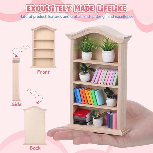 Toyvian Miniature Dollhouse Bookhelf Decor: 1 12 Scale Tiny Bookshelf With Mini Books and Miniatures Plant Fortines - Wooden Book Case Doll House Furniture Accessories in Kuwait