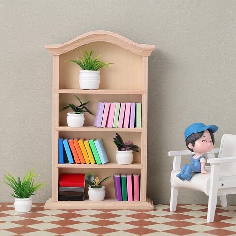 Toyvian Miniature Dollhouse Bookhelf Decor: 1 12 Scale Tiny Bookshelf With Mini Books and Miniatures Plant Fortines - Wooden Book Case Doll House Furniture Accessories in Kuwait