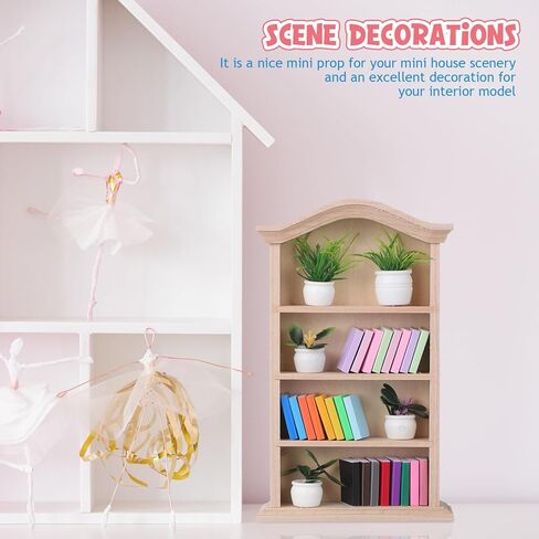 Toyvian Miniature Dollhouse Bookhelf Decor: 1 12 Scale Tiny Bookshelf With Mini Books and Miniatures Plant Fortines - Wooden Book Case Doll House Furniture Accessories in Kuwait
