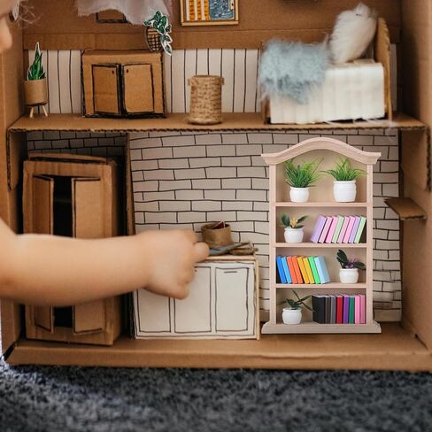 Toyvian Miniature Dollhouse Bookhelf Decor: 1 12 Scale Tiny Bookshelf With Mini Books and Miniatures Plant Fortines - Wooden Book Case Doll House Furniture Accessories in Kuwait