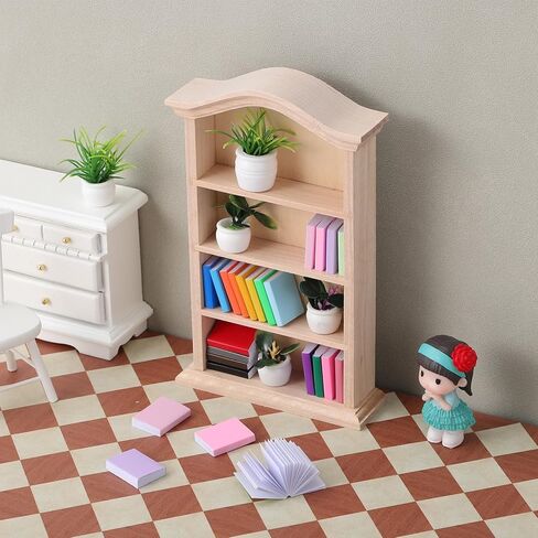 Toyvian Miniature Dollhouse Bookhelf Decor: 1 12 Scale Tiny Bookshelf With Mini Books and Miniatures Plant Fortines - Wooden Book Case Doll House Furniture Accessories in Kuwait