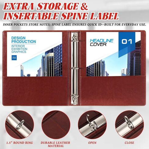 Fulmoon 6 PCS Leather 3 Binder Ring Ring ، 1.5 بوصة عتيقة Round Ring Binder مع 2 جيوب داخلية وحامل علامة العمود الفقري ، محفظة تنفيذية احترافية للمدرسة المنزلية (Black) in Saudi Arabia