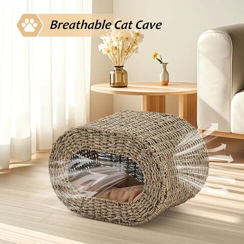Cat House ، Cat Cat Cave Cube ، Rattan Cat Beds House indoor Hitten House مع وسائد ناعمة على الوجهين ، منزل Cat Pet لقطط متعددة ، لغرفة غرفة المعيشة in Kuwait
