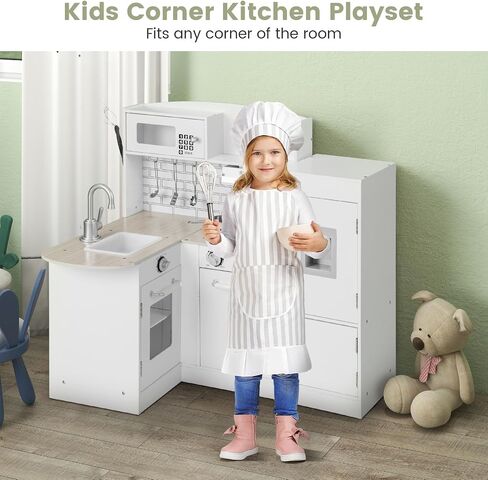 Costzon Corner Kids Kitchen Playset, 11-in-1 Wooden Toy Kitchen Set with Realistic Washing Machine, Microwave, Oven, Stove, Refrigerator, Range Hood, Telephone, Play Kitchen for Toddlers Boys Girls in Kuwait