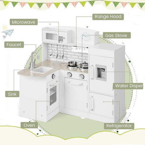 Costzon Corner Kids Kitchen Playset, 11-in-1 Wooden Toy Kitchen Set with Realistic Washing Machine, Microwave, Oven, Stove, Refrigerator, Range Hood, Telephone, Play Kitchen for Toddlers Boys Girls in Kuwait