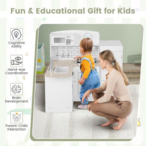 Costzon Corner Kids Kitchen Playset, 11-in-1 Wooden Toy Kitchen Set with Realistic Washing Machine, Microwave, Oven, Stove, Refrigerator, Range Hood, Telephone, Play Kitchen for Toddlers Boys Girls in Kuwait