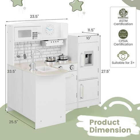 Costzon Corner Kids Kitchen Playset, 11-in-1 Wooden Toy Kitchen Set with Realistic Washing Machine, Microwave, Oven, Stove, Refrigerator, Range Hood, Telephone, Play Kitchen for Toddlers Boys Girls in Kuwait