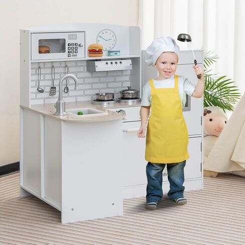 Costzon Corner Kids Kitchen Playset, 11-in-1 Wooden Toy Kitchen Set with Realistic Washing Machine, Microwave, Oven, Stove, Refrigerator, Range Hood, Telephone, Play Kitchen for Toddlers Boys Girls in Kuwait