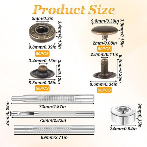 50 Sets Leather Button Snap Kit, Leather Snaps and Fasteners Kit, 10mm Bronze Metal Snaps for Leathers, Stainless Steel Leathers Snap Fastener Kits with 4PCS Setter Tools or Sewing Clothing, Bracelet in Kuwait