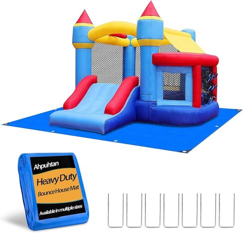 Bounce House Mat 197x118 بوصة بوصة PE مقاوم للماء شاقتها للاختراق 15 قدمًا ، وقلعة القفز ، والأطفال في الهواء الطلق ، تفجر الأساس المرتدين مع 10 حصص أرضية معدنية وحواف مقواة in Kuwait