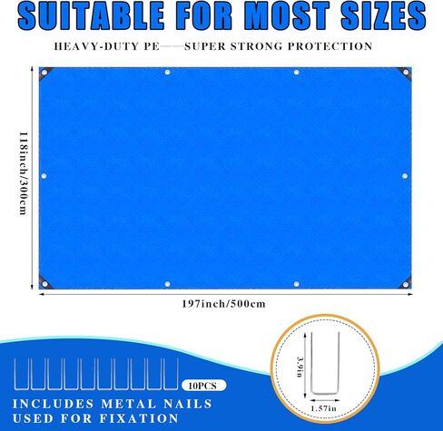 Bounce House Mat 197x118 بوصة بوصة PE مقاوم للماء شاقتها للاختراق 15 قدمًا ، وقلعة القفز ، والأطفال في الهواء الطلق ، تفجر الأساس المرتدين مع 10 حصص أرضية معدنية وحواف مقواة in Kuwait