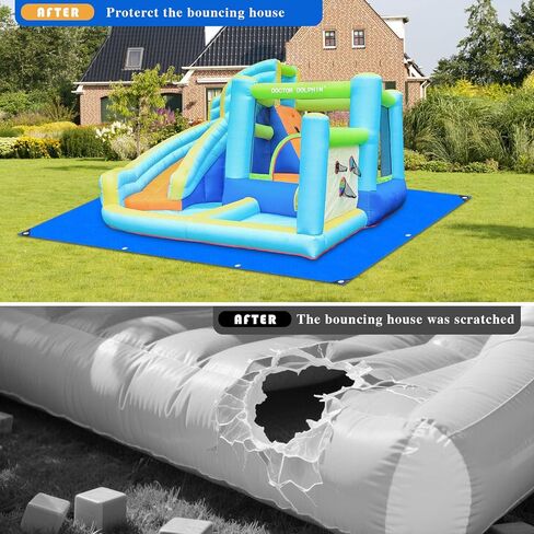 Bounce House Mat 197x118 بوصة بوصة PE مقاوم للماء شاقتها للاختراق 15 قدمًا ، وقلعة القفز ، والأطفال في الهواء الطلق ، تفجر الأساس المرتدين مع 10 حصص أرضية معدنية وحواف مقواة in Kuwait