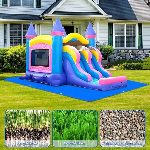 Bounce House Mat 197x118 بوصة بوصة PE مقاوم للماء شاقتها للاختراق 15 قدمًا ، وقلعة القفز ، والأطفال في الهواء الطلق ، تفجر الأساس المرتدين مع 10 حصص أرضية معدنية وحواف مقواة in Kuwait