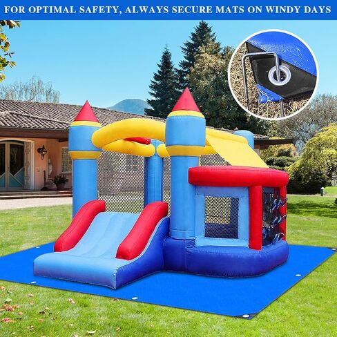 Bounce House Mat 197x118 بوصة بوصة PE مقاوم للماء شاقتها للاختراق 15 قدمًا ، وقلعة القفز ، والأطفال في الهواء الطلق ، تفجر الأساس المرتدين مع 10 حصص أرضية معدنية وحواف مقواة in Kuwait