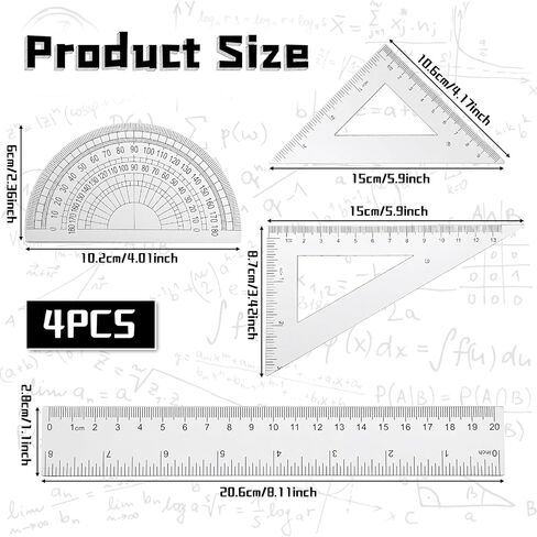 4 Pcs Transparent Plastic Ruler Kit, Math Geometry Set with 8 Inch Straight Ruler, Triangle Rulers, Protractor, Clear Measuring Tools for Office and Drafting in Saudi Arabia