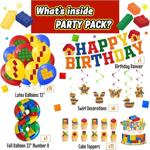 ديكورات عيد الميلاد صبي يبلغ من العمر 6 سنوات - زخارف عيد الميلاد السادسة أو التاسعة - طقم الحفلات لبنات البناء - رقم 9 أو 6 بالونات ، لافتة ، كب كيك وكعك القبعات - لوازم الطوب من الطوب للأولاد 6 أو 9 in Kuwait