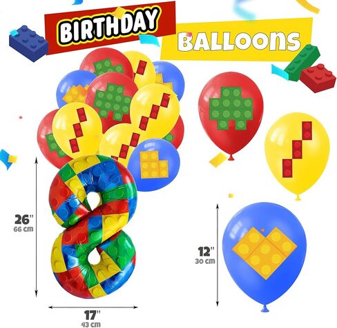 ديكورات عيد الميلاد صبي يبلغ من العمر 6 سنوات - زخارف عيد الميلاد السادسة أو التاسعة - طقم الحفلات لبنات البناء - رقم 9 أو 6 بالونات ، لافتة ، كب كيك وكعك القبعات - لوازم الطوب من الطوب للأولاد 6 أو 9 in Kuwait