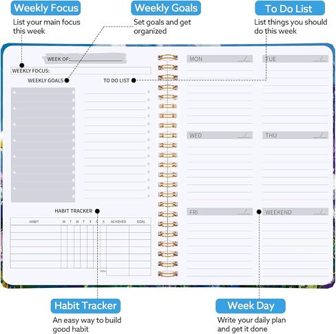 مخطط أسبوعي غير مؤرخ مع تعقب العادة ، 52 أسبوعًا لإجراء قائمة محمول A5 A5 WAIND PLANNER مع ربط دوامة وملصقات لوازم العمل المنزلية للنساء 8.2 "× 5.7" - نمط لطيف in Kuwait