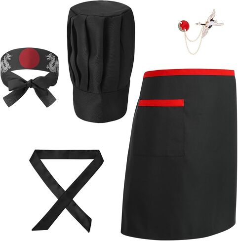 Hibachi Chef Hat and Apron Costume Set, Professional Complete Japanese Teppanyaki Costume with Tall Chef Hat in Saudi Arabia