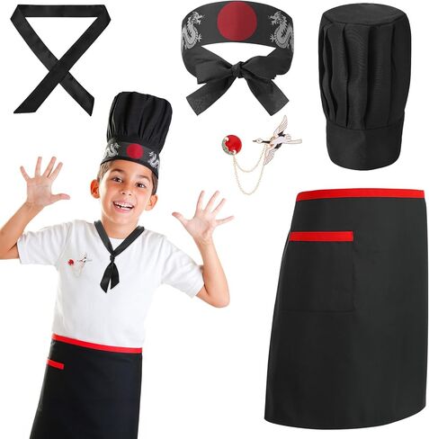 Hibachi Chef Hat and Apron Costume Set, Professional Complete Japanese Teppanyaki Costume with Tall Chef Hat in Saudi Arabia