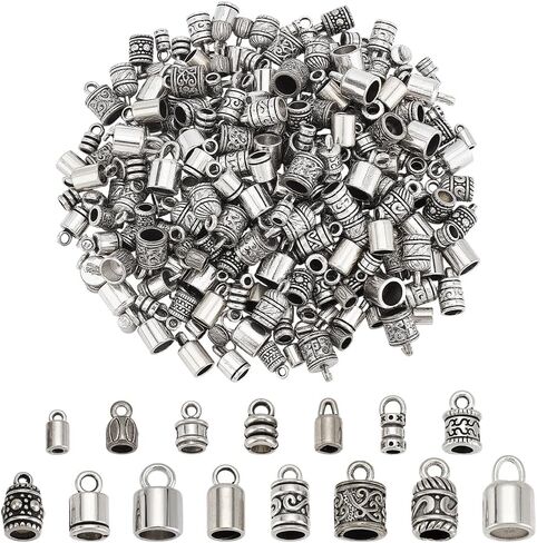PH PandaHall 90PCS Cord End Caps 15 Styles Antique Silver Leather Tassel Cap Alloy Tube Barrel End Tip Cord Link Buckle Glue-in End Cap for DIY Kumihimo Bracelets Necklaces Jewelry Making in Saudi Arabia
