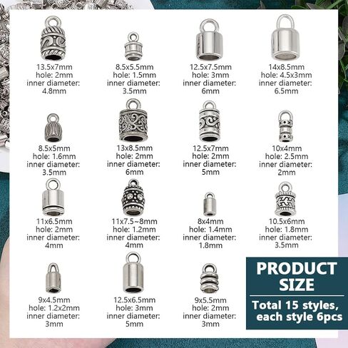 PH PandaHall 90PCS Cord End Caps 15 Styles Antique Silver Leather Tassel Cap Alloy Tube Barrel End Tip Cord Link Buckle Glue-in End Cap for DIY Kumihimo Bracelets Necklaces Jewelry Making in Saudi Arabia