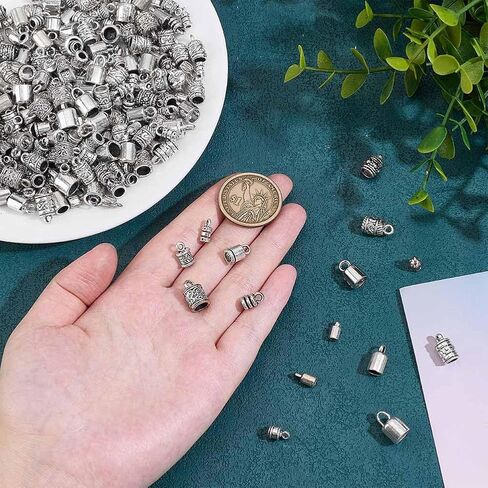 PH PandaHall 90PCS Cord End Caps 15 Styles Antique Silver Leather Tassel Cap Alloy Tube Barrel End Tip Cord Link Buckle Glue-in End Cap for DIY Kumihimo Bracelets Necklaces Jewelry Making in Saudi Arabia
